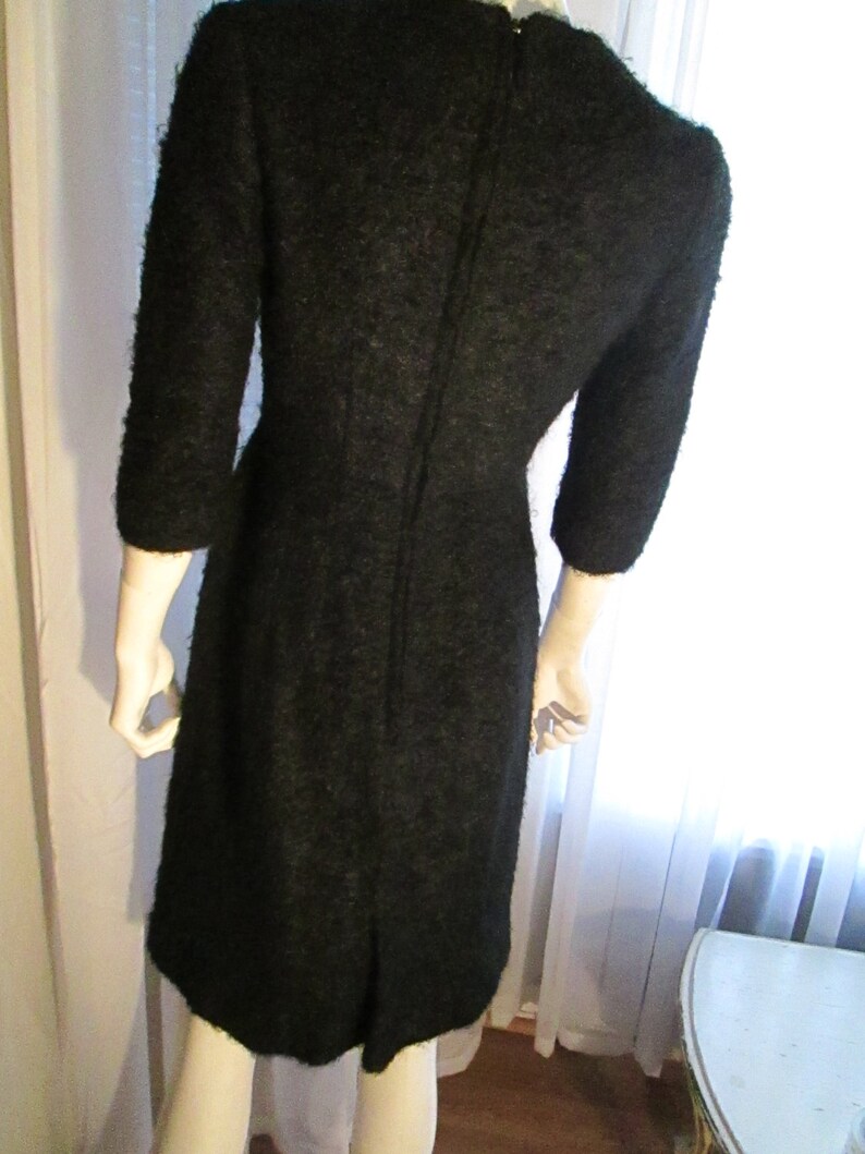 1960/'s Black MOHAIR White Beaded Pocket DRESS-----No Label