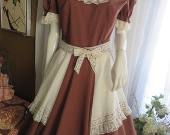 1960s' Beige Brown SQUARE DANCE Circle DRESS By Kate Schorer Originals---No Size Tag