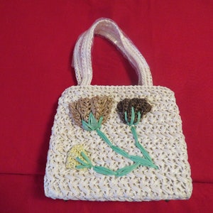 Vintage WHITE Floral STRAW Tote PURSE For Sears Roebuck
