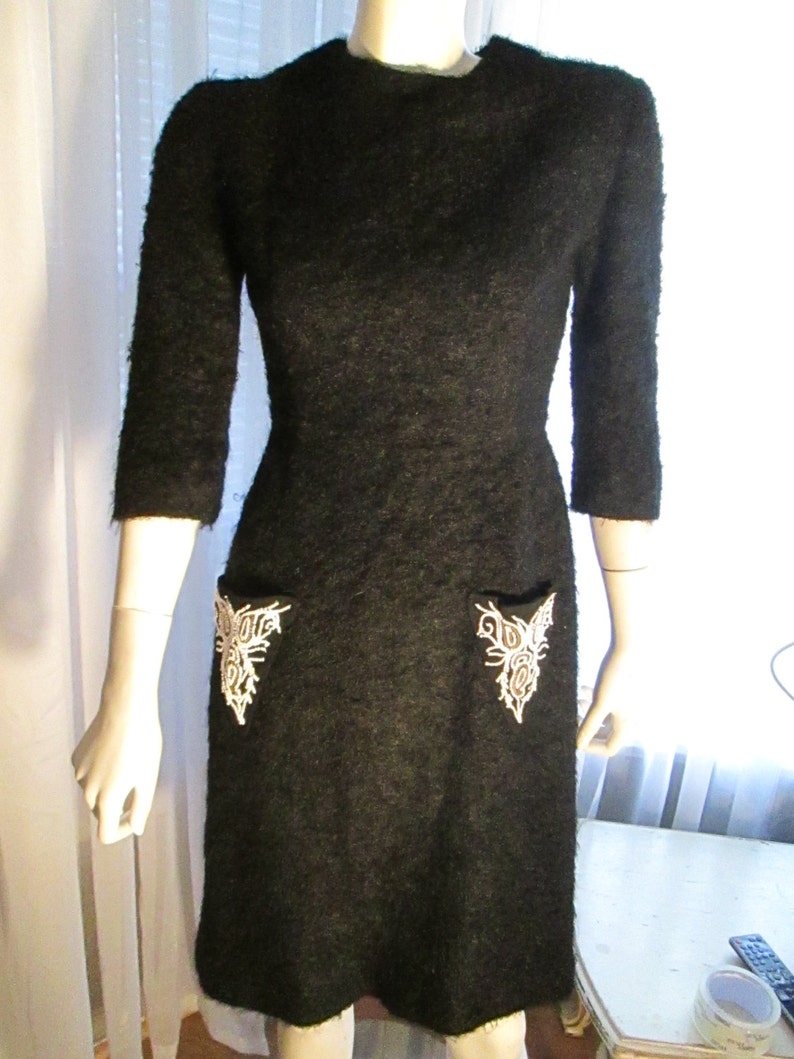 1960/'s Black MOHAIR White Beaded Pocket DRESS-----No Label