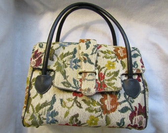 Vintage Schwarz Doppel Griff Creme FLORAL TAPESTRY HANDTASCHE