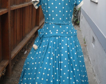 Vintage 1950s' "I Love Lucy" Style TURQUOISE White POLKA DOT Dress---No Label/Size 15