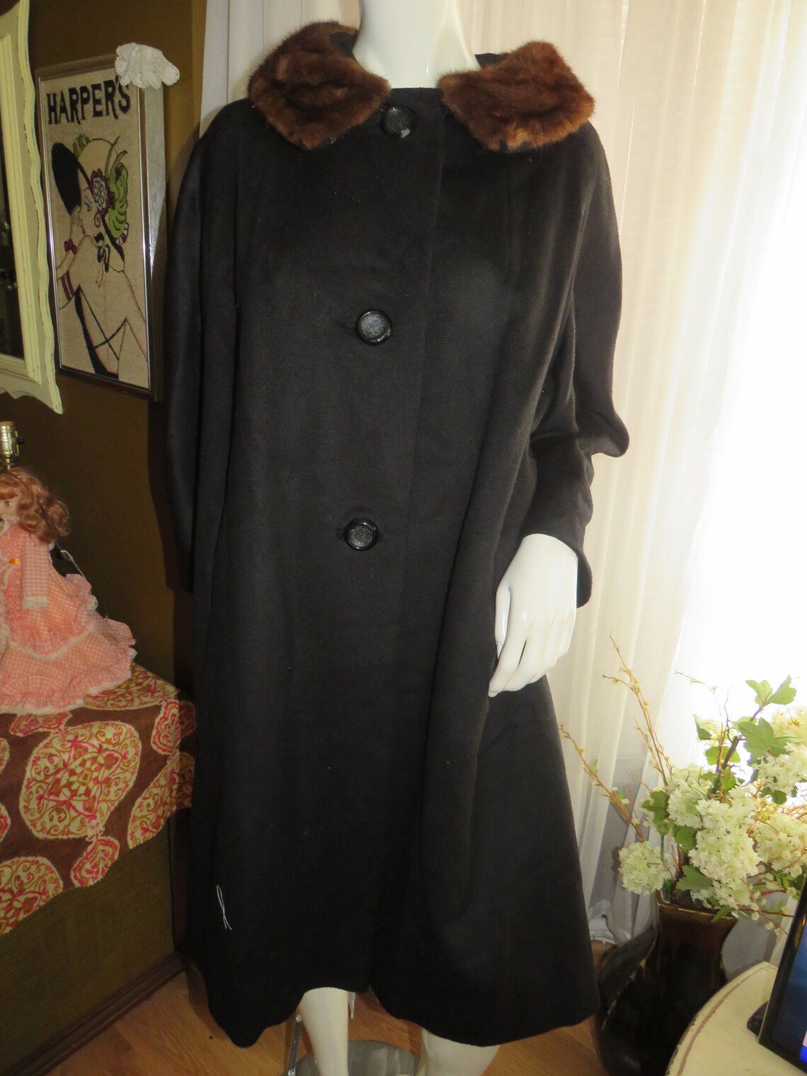 1950's Ladies BLACK Wool Mink Collared Long COATNo Etsy