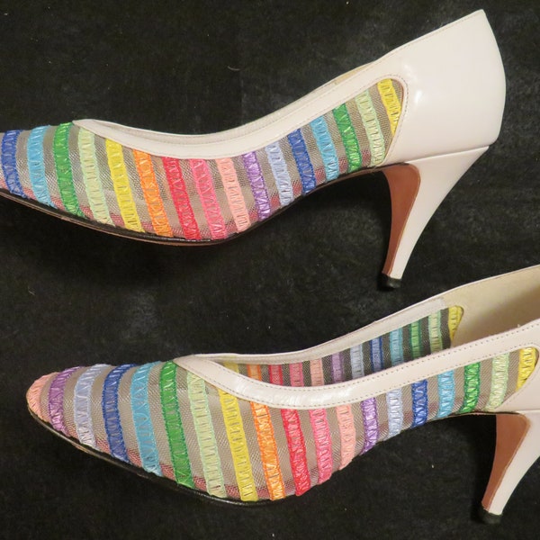 1960s' Ladies RAINBOW/WHITE PUMPS By Stanley Philipson---Size 8 M