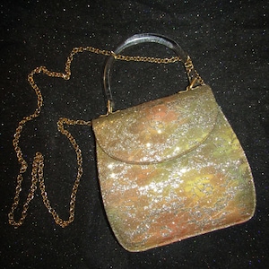 Vintage Sparkly GOLD/SILVER Fabric PURSE With Gold Shoulder Strap And Lucite Hoop/Handle by J.Renee