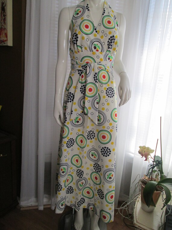 1970s' Ladies GEOMETRIC Print HALTER Top/Big Sash… - image 1