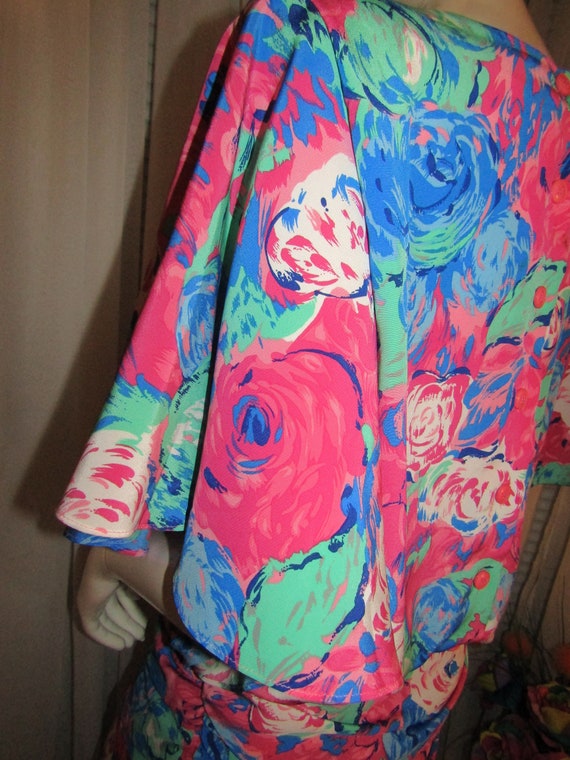 1980s' Colorful FLORAL POLYESTER DRESS By Andrea … - image 7