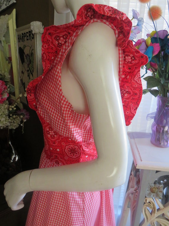 1970s' Red/White CHECKERED Paisley Ruffle Trim DR… - image 5