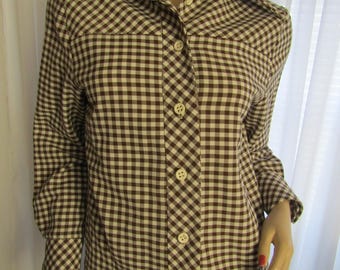 Vintage Ladies CHECKERED Brown/White Polyester Waist TOP/JACKET---No Label/Size 9/10