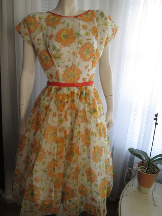 1950s' Ladies ORANGE  FLORAL Chiffon DRESS-----No… - image 2