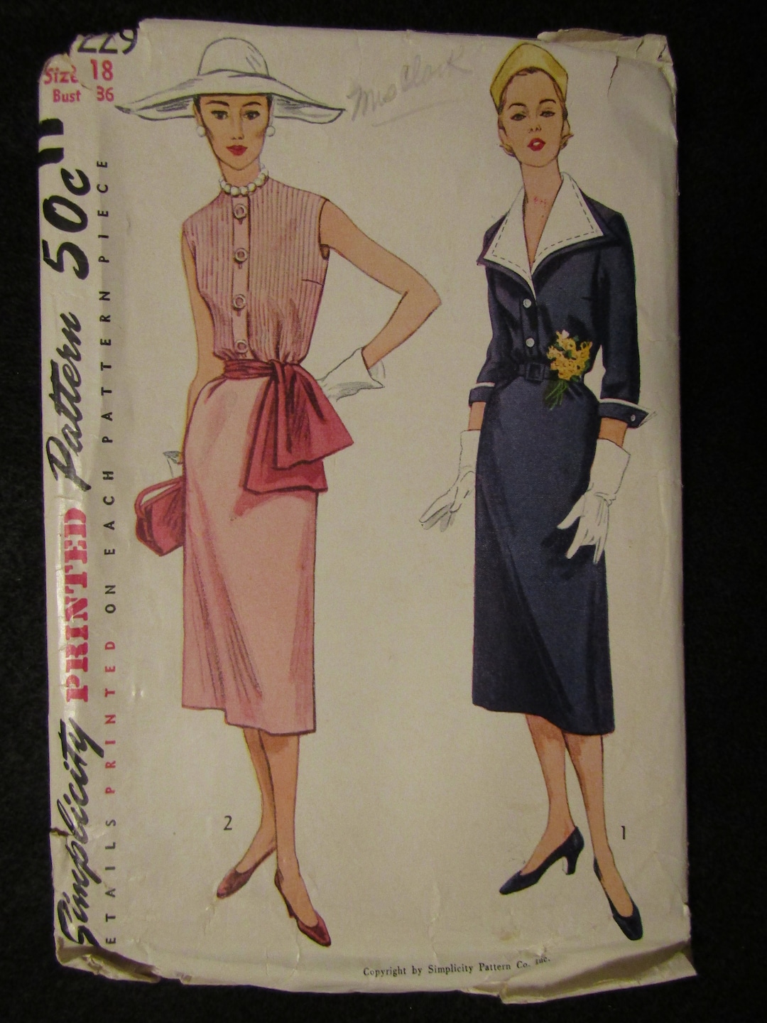 1950's Simplicity One Piece Dress with Flap Accent and Jacket - Bust 28