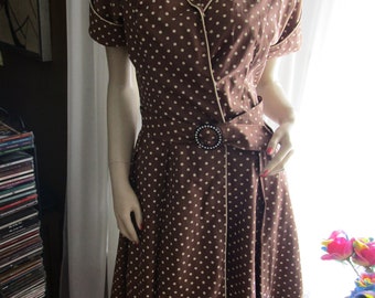 1950s' Brown/Beige Belted POLKA DOT Circle Skirt DRESS By R & K Original---No Size