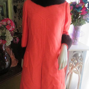 60s&#39; Bright ORANGE Blk FUR Trimmed Collar/Cuffs COAT---No Size/Label