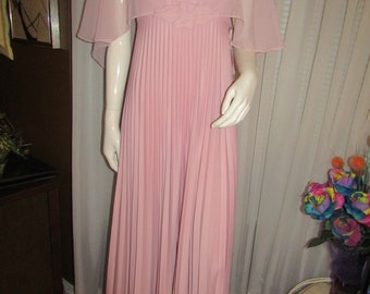 1960s'/1970s'  PINK PLEATED Empire Waist Shawled DRESS By May Co Dept Store--Size 7/8