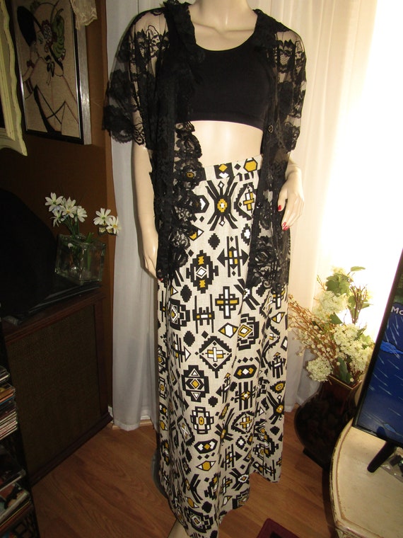 1950's Ladies A-Line BLACK BEIGE Geometric Print S