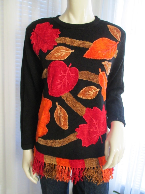 1980s' Ladies BLACK With LEAFS SWEATER by Victoria