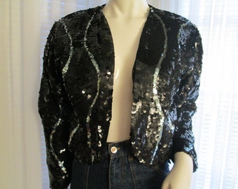 1980s' Ladies BLACK and Silver Short SEQUIN JACKET----No Label/No Size Tag