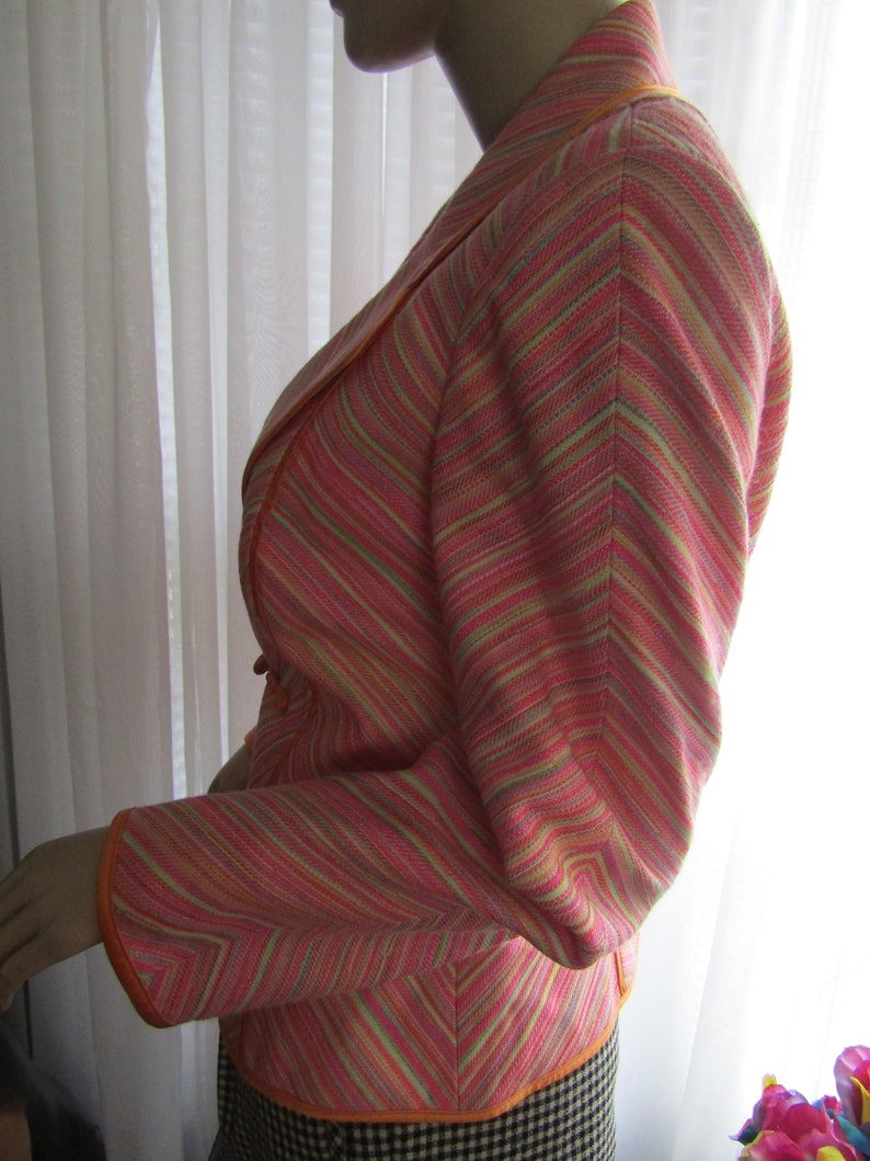 1990/'s Ladies Long Sleeve Orange Pink Green White Polyester STRIPED JACKET By Escada