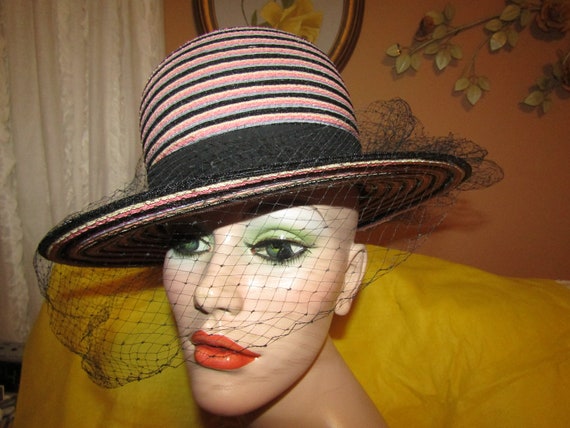 1950's or 60's Ladies Pink Black Gray Cream STRIPE