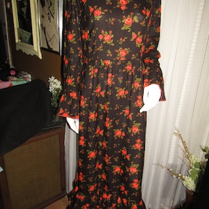 1960&#39;s/1970&#39;s Long Sleeve Dark BROWN FLORAL Prairie DRESS By Joseph Magnin--No Size Tag