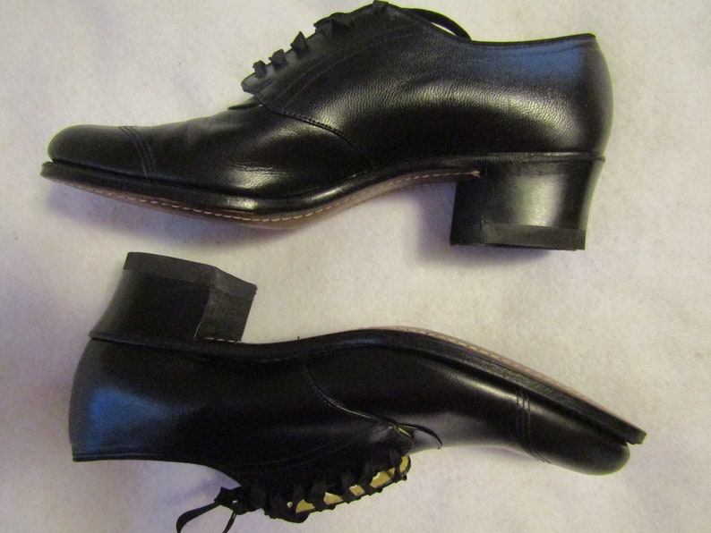 1940/'s Ladies BLACK Leather Chunk Heel Tie Up OXFORD-SHOES by Drew With Good Year Heel