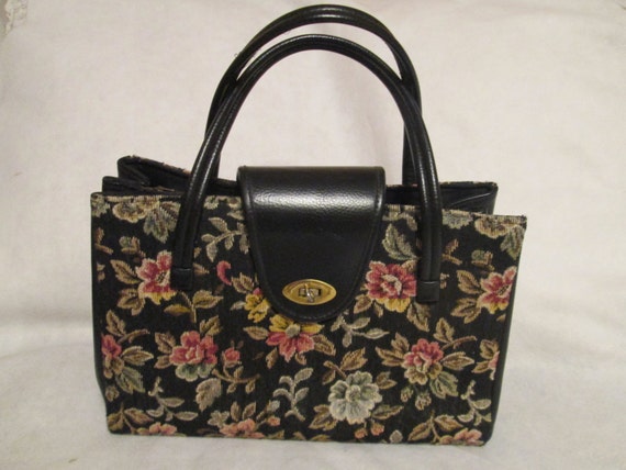 1960s' Ladies Large FLORAL TAPESTRY Style HANDBAG… - image 1