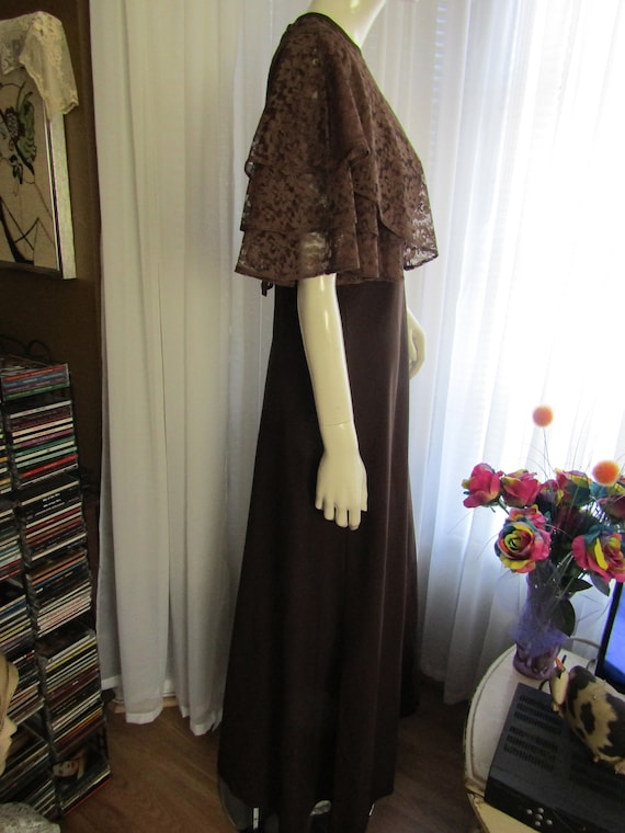 1970s' DARK BROWN Lace Sleeves/Collar, Floor Leng… - image 5