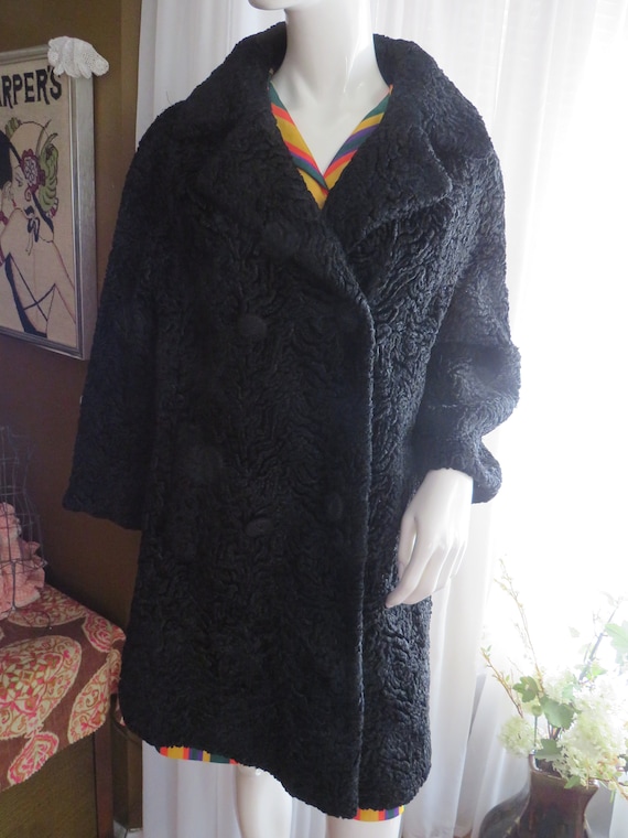 1950s'/1960s' Ladies BLACK Curly LAMBS' Wool COAT 