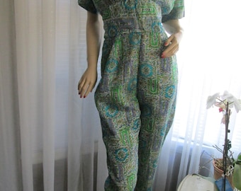 1950s&#39; Jay Anderson ABSTRACT Print Grn/Gray/Blue SILK JUMPSUIT With Sash Belt---No Size