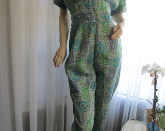 1950s' Jay Anderson ABSTRACT Print Grn/Gray/Blue SILK JUMPSUIT With Sash Belt---No Size