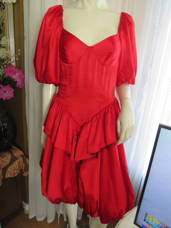 1990s' RED Puffy SILK Cocktail DRESS By Nicole Mi… - image 1