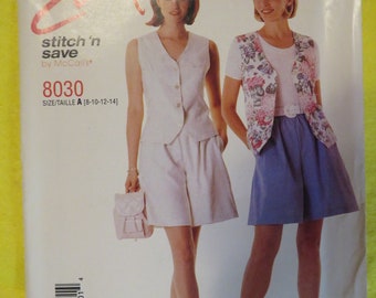 1996 Stitch 'N Save/McCalls Lined VEST And PULL-On SHORTS---Size 8-10-12-14