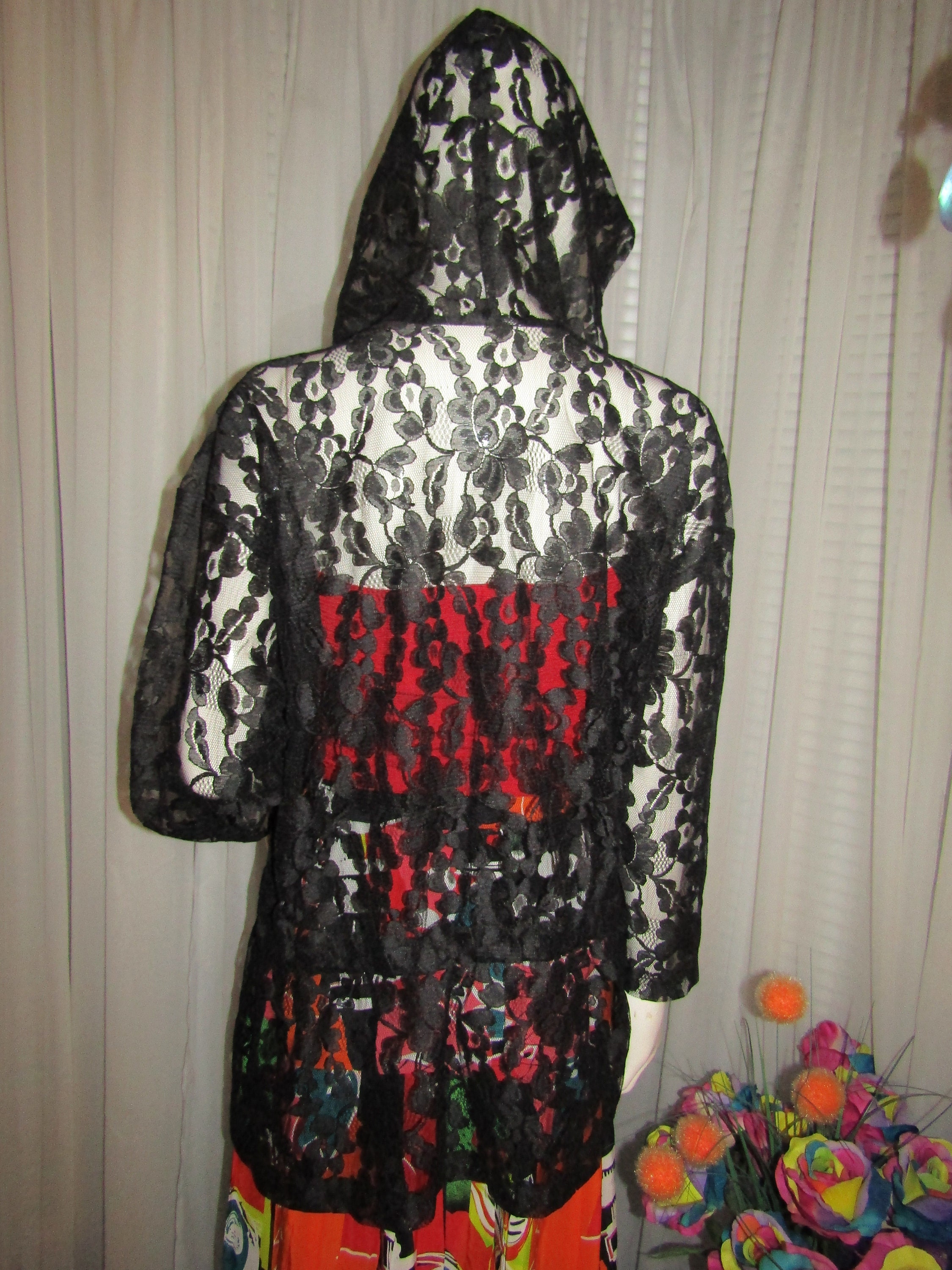 Vintage Ladies BLACK Lace HOODED Drawstring Waist Jacket----no 