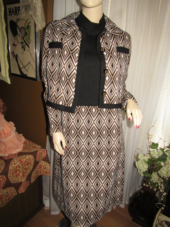 1960s' Ladies GEOMETRIC Black/White/Brown DRESS/S… - image 1