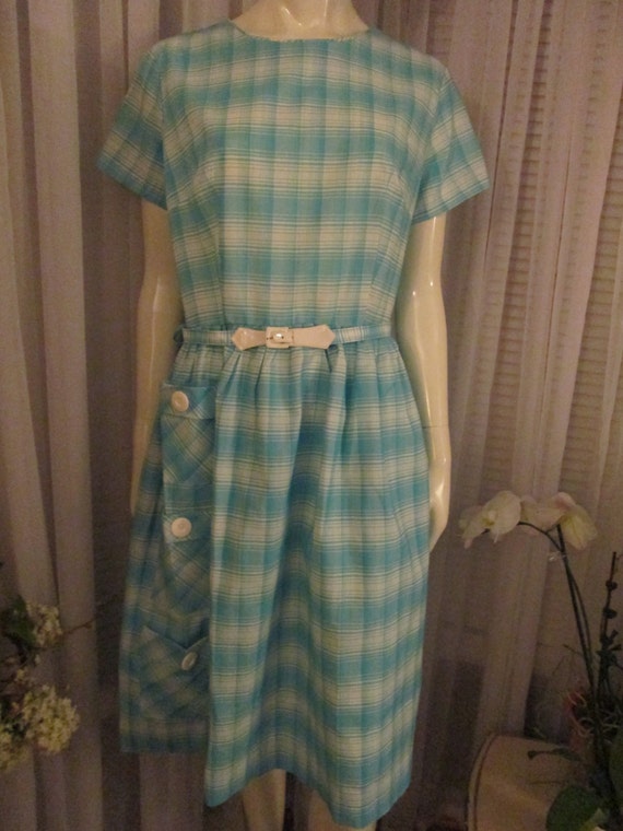 1950's Big Girl Ladies TEAL Blue/WHITE DRESS by Ca