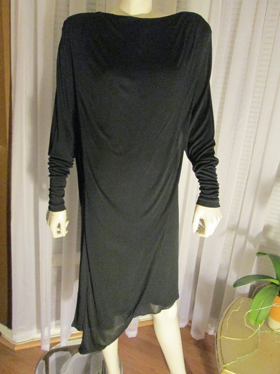 1980's Ladies Black Draped Panels Silk Knit Dress
