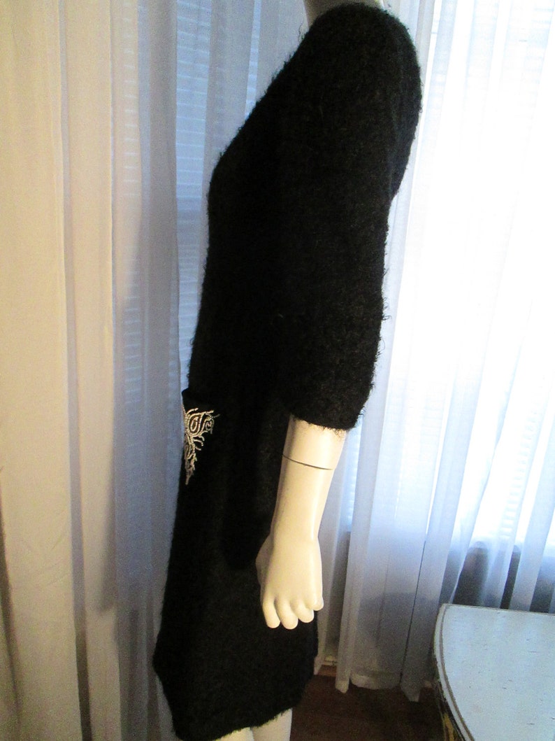1960/'s Black MOHAIR White Beaded Pocket DRESS-----No Label
