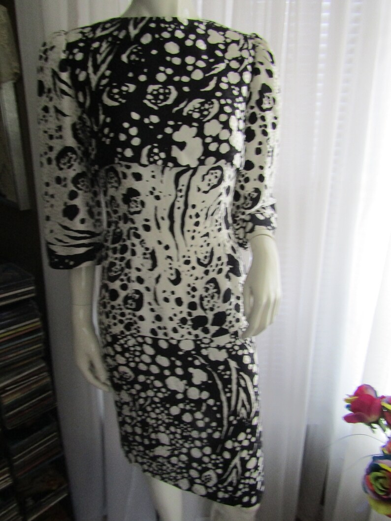 1980s' BLACK And WHITE Abstract Print Silk DRESS By Pauline TrigereNo Size Tag image 1