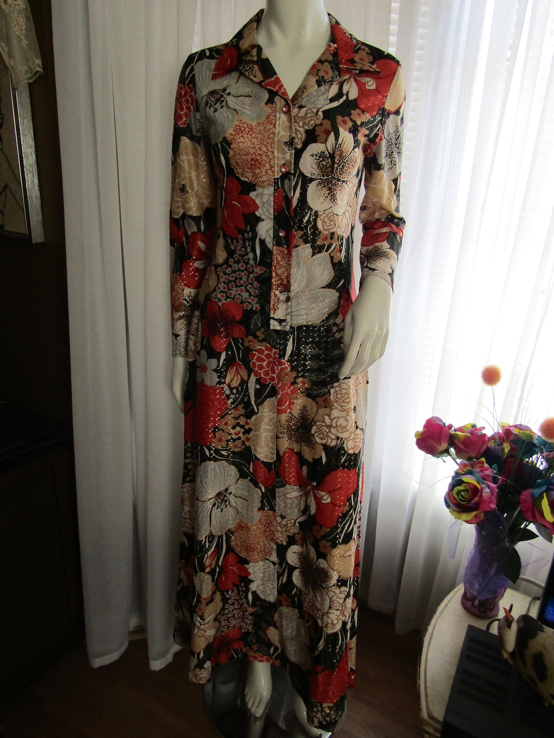 60's Ankle Length FLORAL Long Sleeve DRESS by Evelyn Etsy