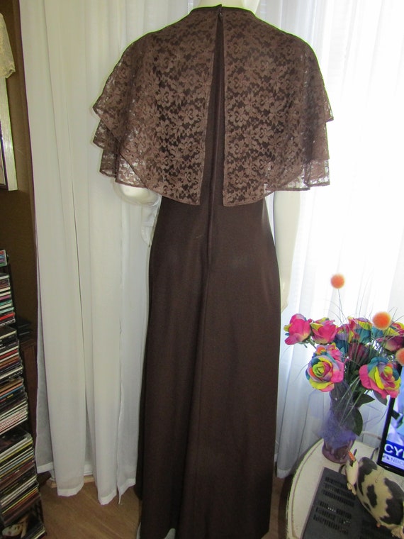 1970s' DARK BROWN Lace Sleeves/Collar, Floor Leng… - image 3