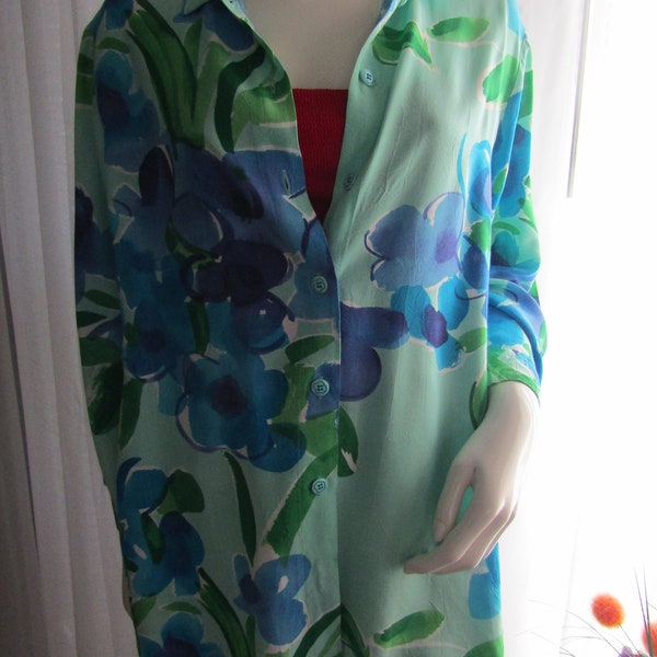 1980' s/1990es Ladies Blues/Greens/White FLORAL BLOUSE By Jams World---Size L