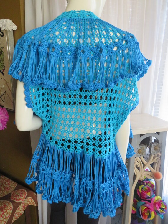 Vintage TEAL Blue Knit CROCHET JACKET---No Size/La