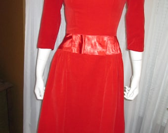 1950s' RED VELVETEEN DRESS With Silk/Satin Waistline and Bow----No Label/Size