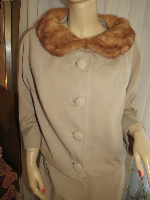 1960's TAN Light WOOLSUIT With Mink Collar By Bou… - image 2