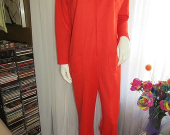 1970&#39;s Bright RED ORANGE Long Sleeve JUMPSUIT/ Tie Belt By Georgee Originals of California----Size 16