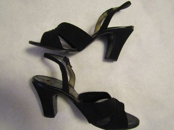 1940s'/1950s' BLACK SUEDE Open Toe Sling PUMPS By… - image 1