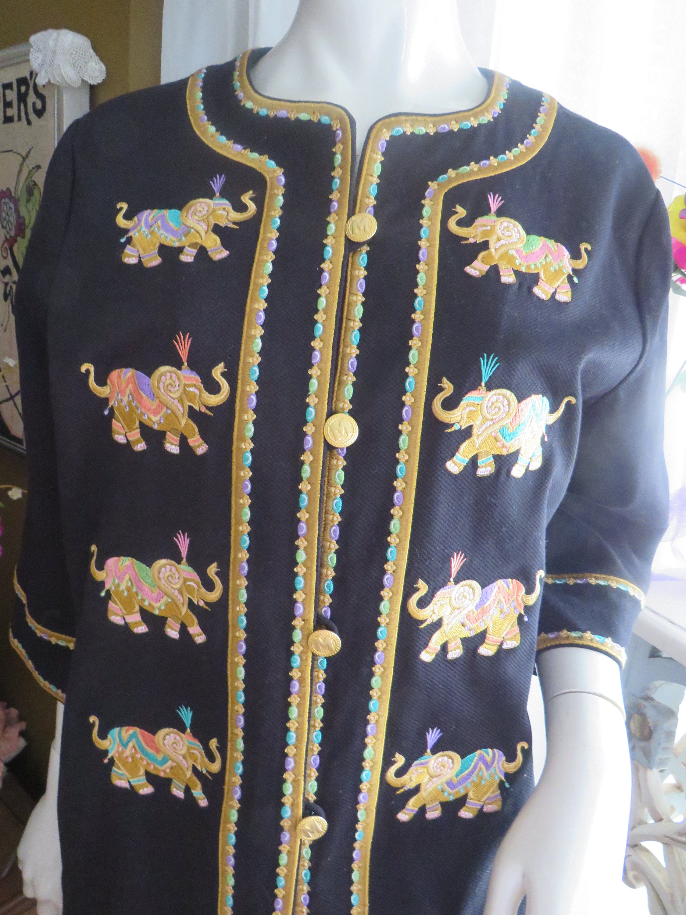 Vintage Bob Mackie BLACK ELEPHANT Embroidery Jacket--size Medium 