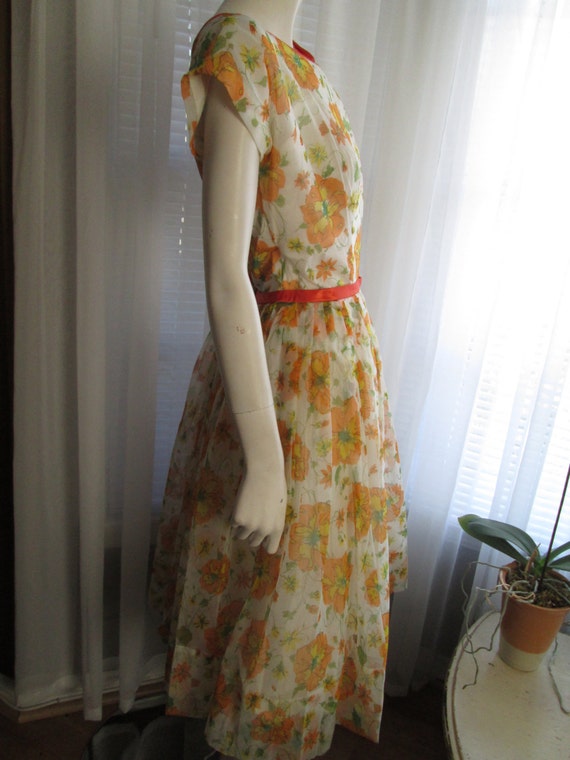 1950s' Ladies ORANGE  FLORAL Chiffon DRESS-----No… - image 3