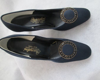 1960's Ladies BLACK Satin PUMPS by GRANDINI---Size 7 B.