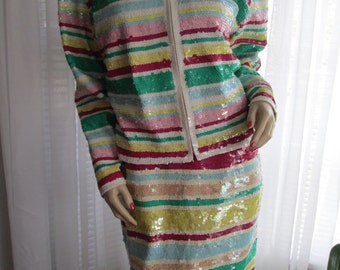 1980s' Adrienni VITTADINI Ladies Striped SEQUIN SUIT---Size Medium